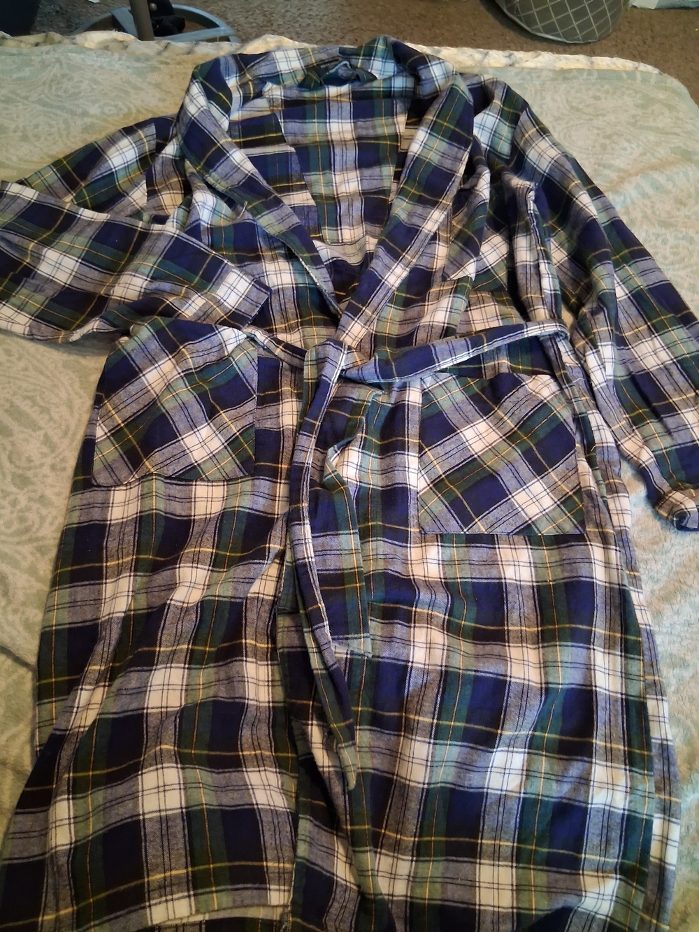 Vintage 80s Botany 500 Plaid Flannel Robe- Blue & Green Plaid 100% Cotton